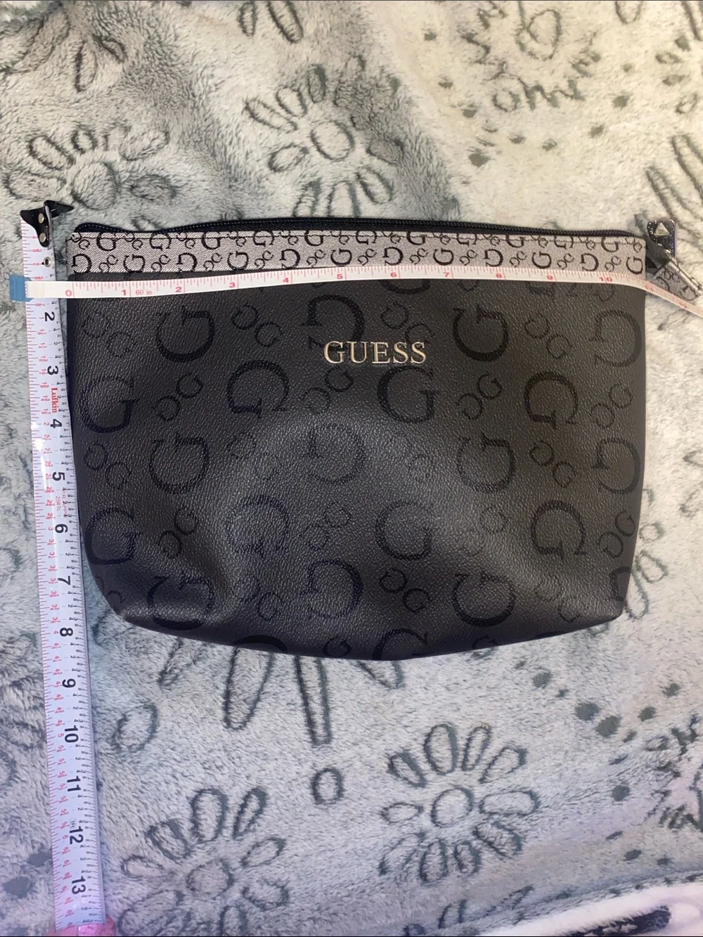 GUESS Black Logo-Print Cosmetic Pouch with Silver Hardware